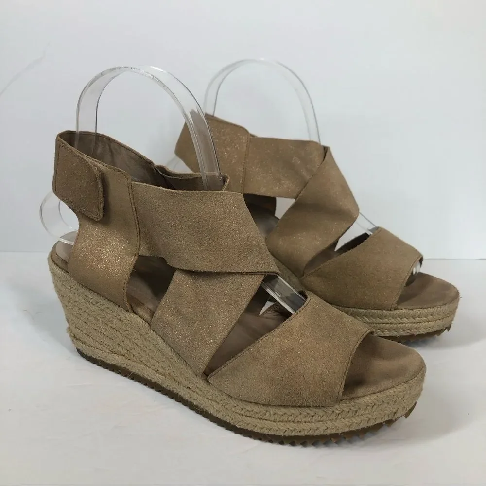 Eileen Fisher Willow Tumbled Leather Wedge Espadrille Sandals Shoes Tan 7.5
